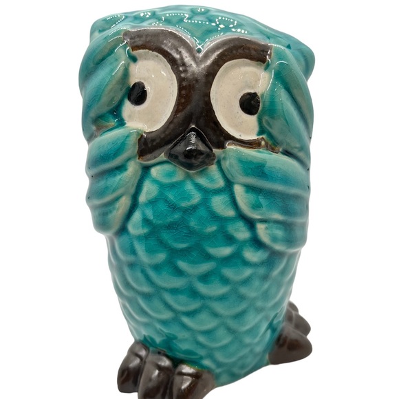 Bashful Owl 6" Glazed Ceramic Figurine Teal Blue Statue Decor Handmade Pottery - Picture 4 of 7